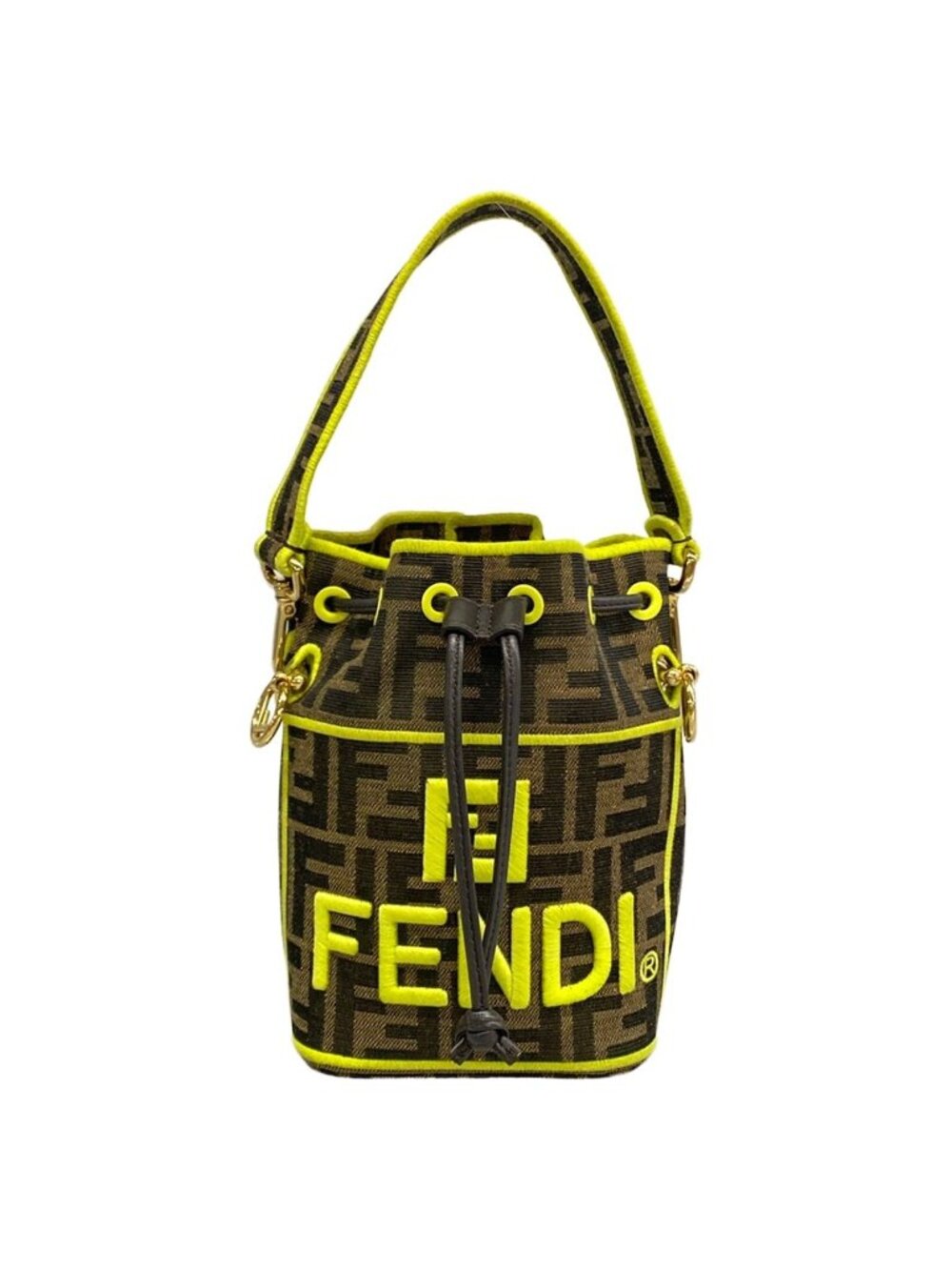 Fendi Handbag Mini Mon Tresor Zucca Pattern Dark Brown Beige Yellow Drawstring